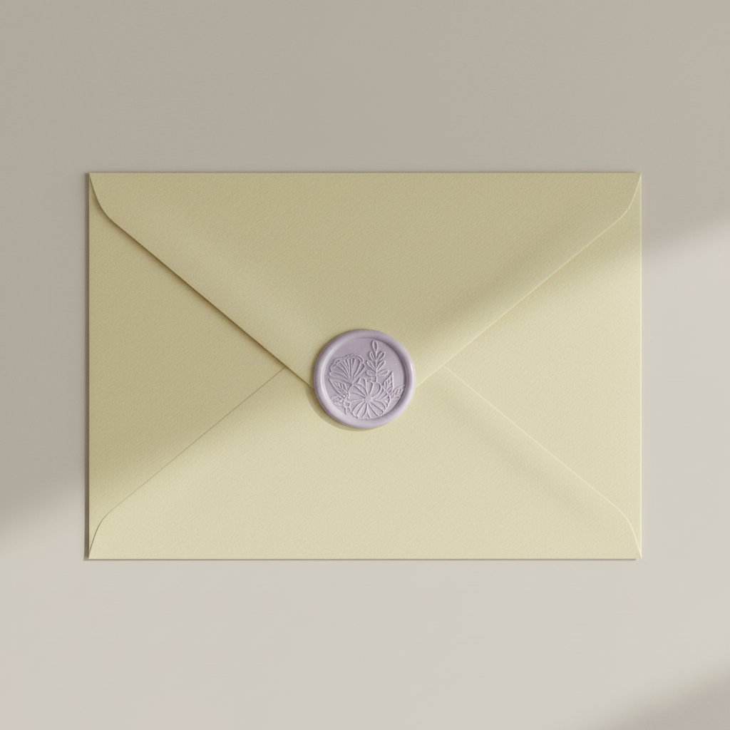 Pastel purple wax seal on light yellow envelope mockup