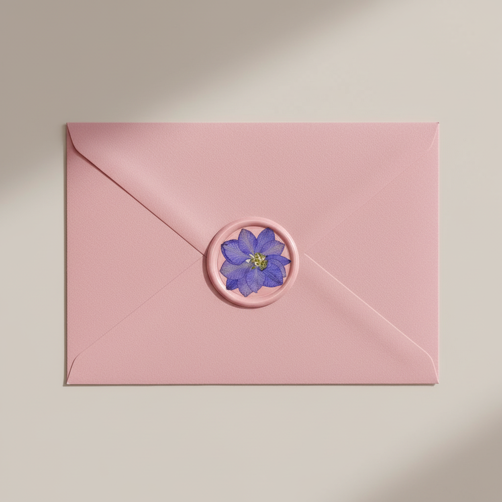 Pink wax seal with purple flower on pink envelope mockup